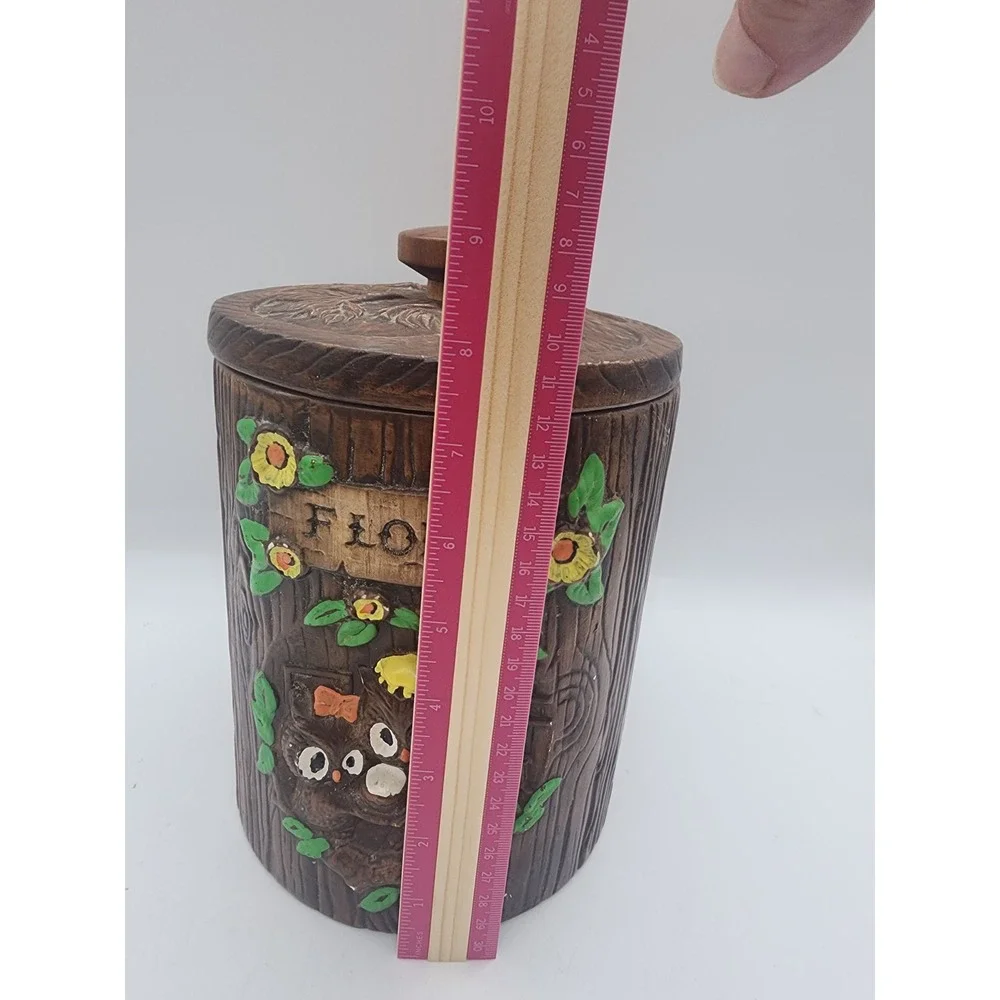 Vintage Treasure Craft Flour Canister Owl Tree Trunk Ceramic Wood Grain USA